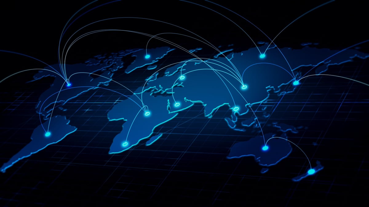 Mapa mundial de conexiones que ilustra el comercio internacional y la economía digital